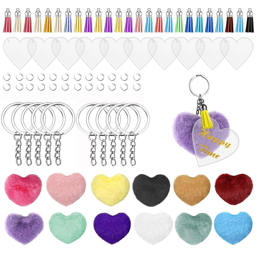 Heart shaped plush ball with tassel heart shaped acrylic key chain embryo DIY keychain jewellery set Vue Default Title