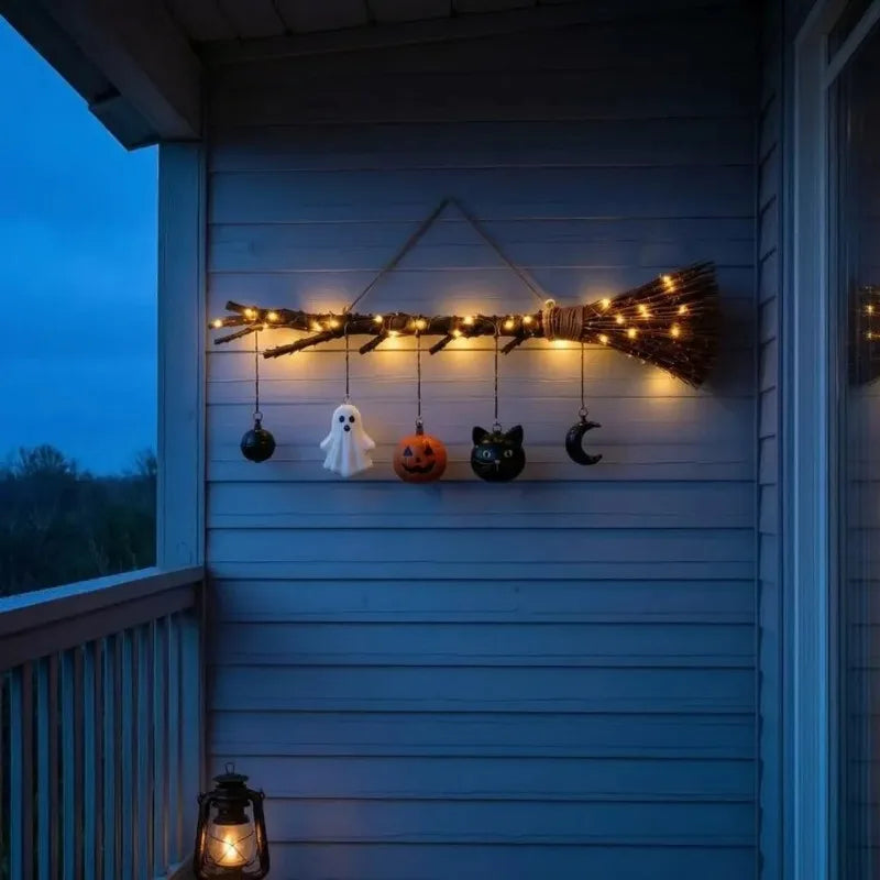 LED Halloween Front Door Decor, Rustic Witch Broom Sign with Pumpkin Ghost Cat Porch Wall Decoration Vue