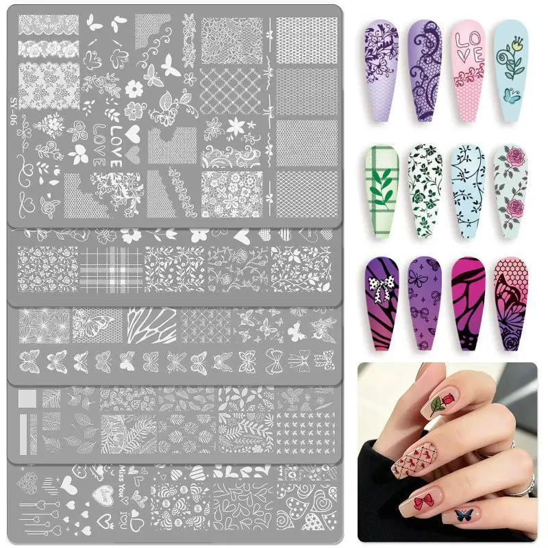 Reusable Precise Etched Nail Art Stencil Bow Flower Lace Plaid Transfer Template DIY Manicure Decor Tool Vue