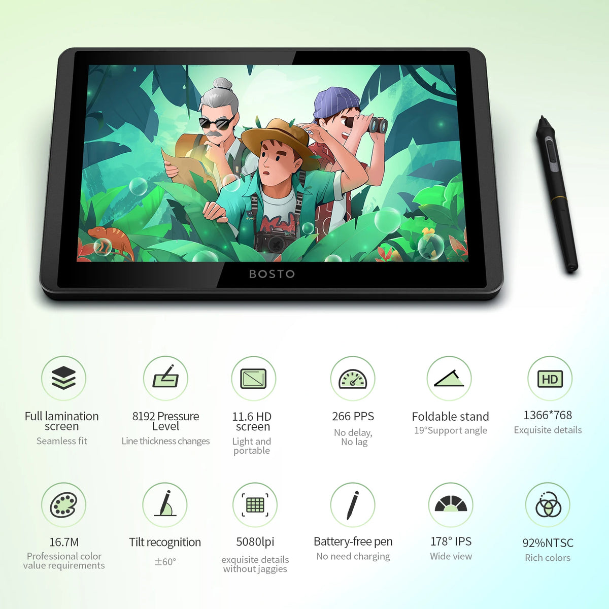 BOSTO 12HD-A H-IPS LCD Graphics Drawing Tablet Monitor 11.6 Inch Size 1366x768 Display 8192 Pressure Level Passive Technology Vue