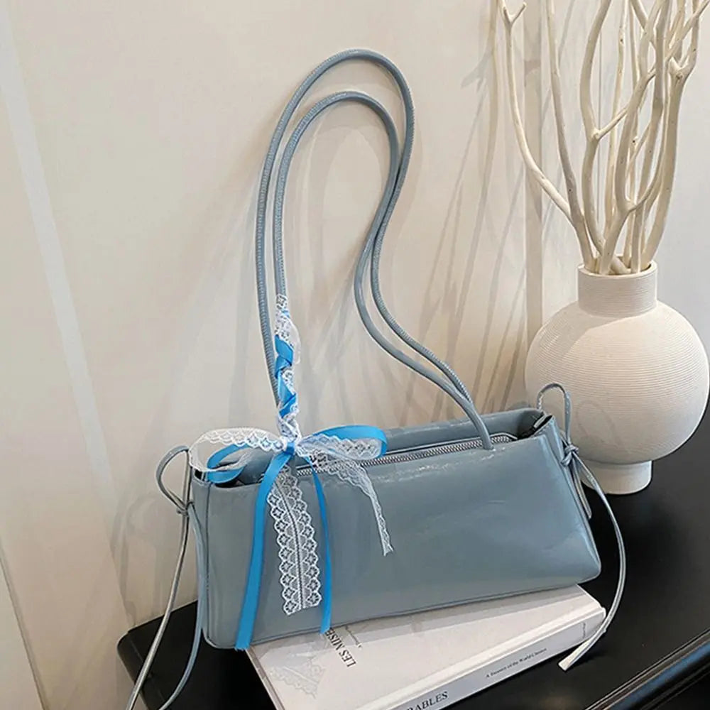 Trendy Multicolor Shoulder Bag PU Leather Bowknot Versatile Commuting Bag with Lace Ribbon Large Capacity Underarm Bag Shopping Vue