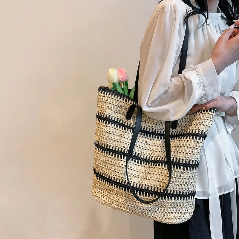 Designer Striped Straw Shoulder Bag Female Fashion Large Capacity