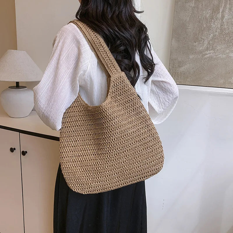 Solid Woven Tote Bag Hollow Out Breathable Shopping Straw Lightweight