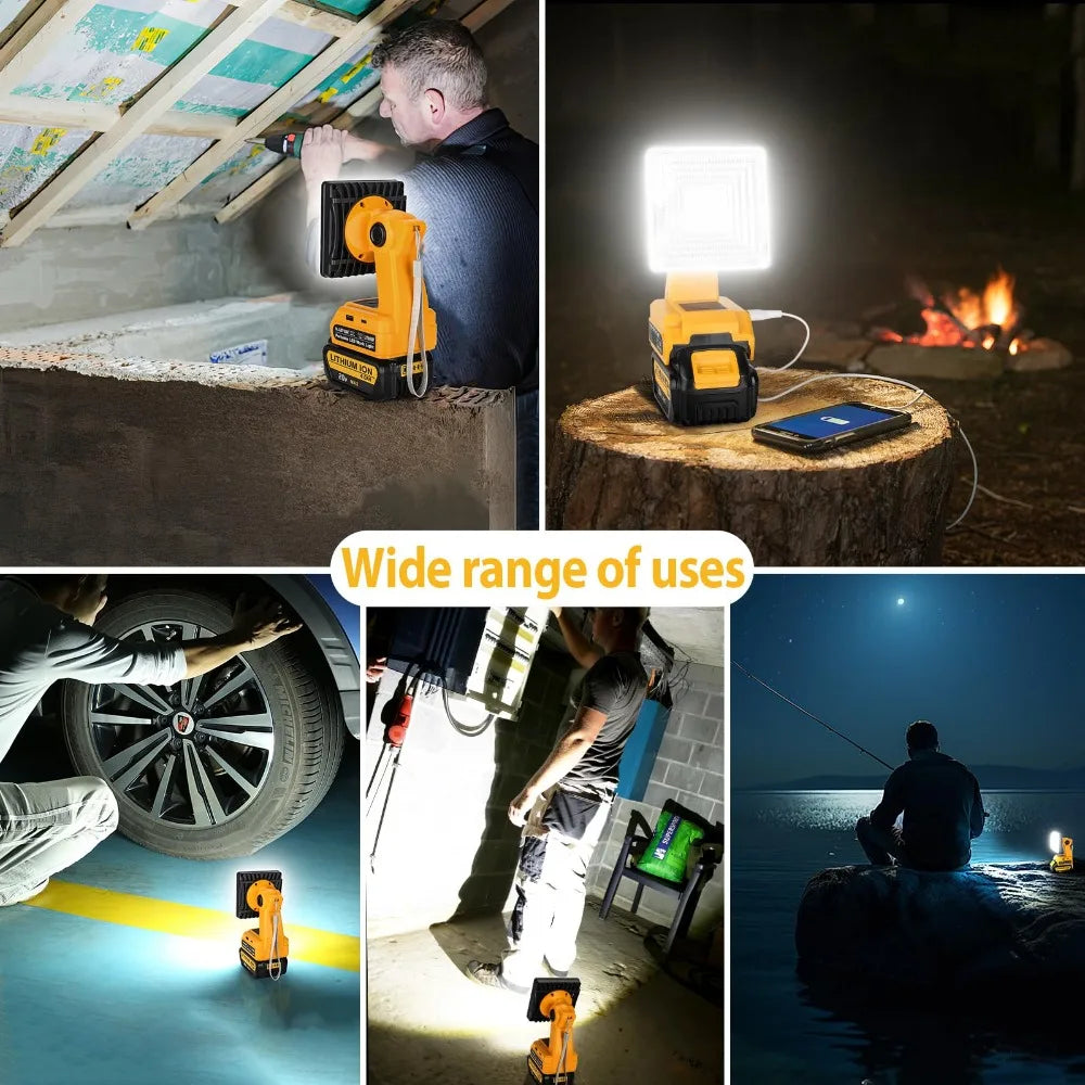15W 2000LM Cordless LED Work Light Portable Floodlight for Dewalt 20V 60V Batteries with USB Charging Port for Job Sites Camping Vue