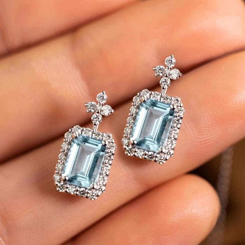 Huitan Light Blue CZ Drop Earrings – Geometric Fashion Jewelry CZ Drop Earrings Vue