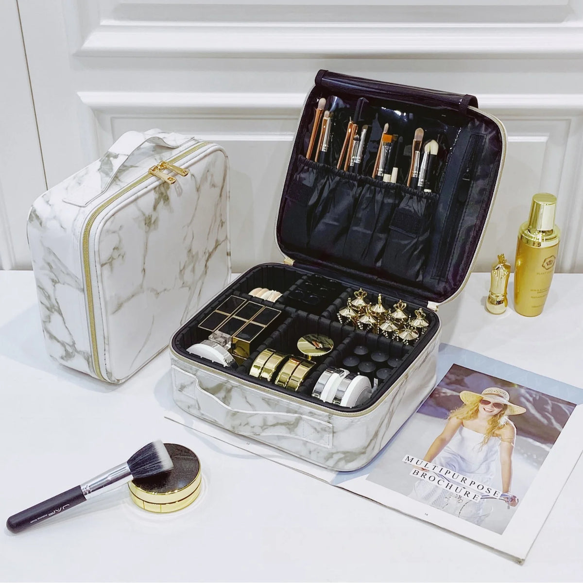 PU Makeup Bag Marble Pattern Portable Large Capacity Makeup Storage Bag Multi functional Travel Makeup Toolbox Vue
