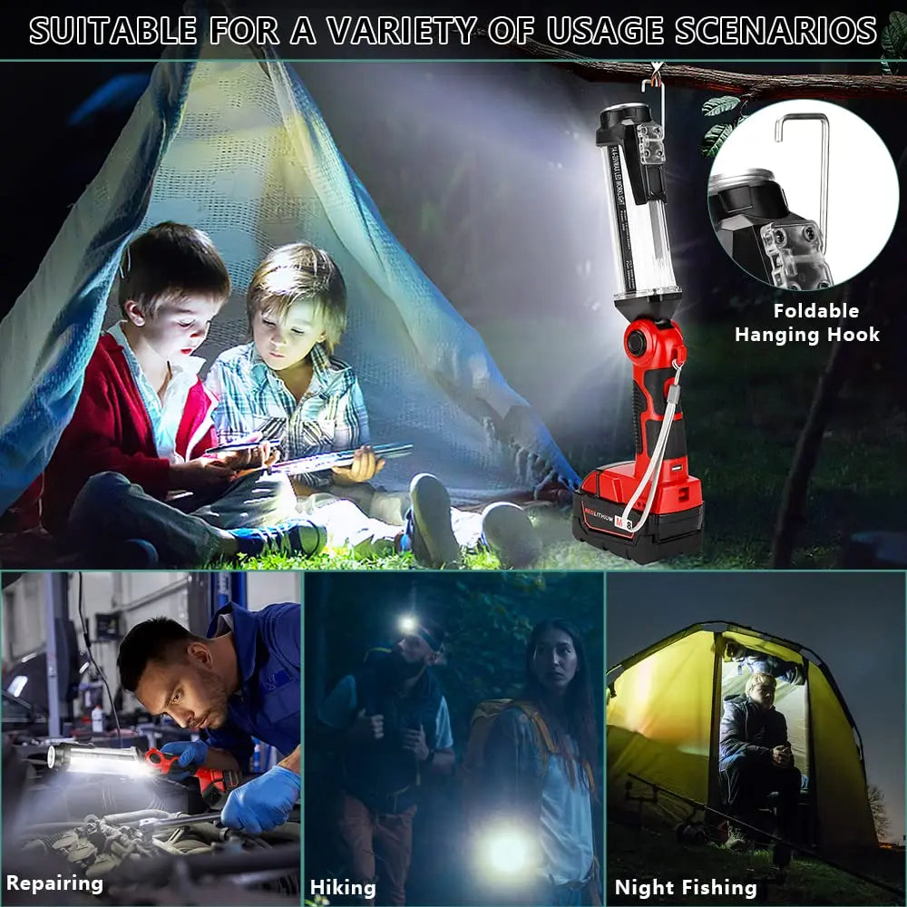 Portable Camping Light Outdoor Flashlight for Milwaukee 18V Battery Rechargeable LED Work Light for Workplace Emergency Lighting Vue