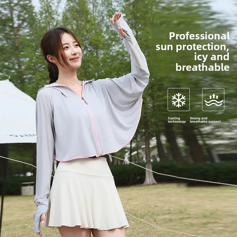 Ice Silk Hooded Sun Protection for Women Brim UV Blocking Breathable Cooling Outdoor Cycling Travel Casual Daily Cover Up Vue Grey A
