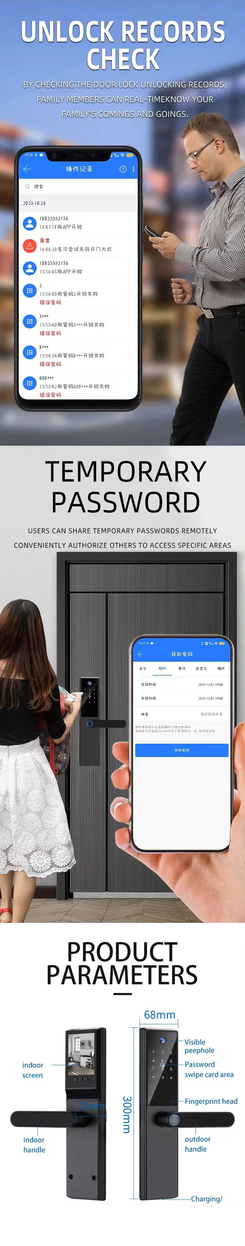 Tuya App Fingerprint Door Lock Code Card Key Touch Screen Smart Door Lock Security Digital Electronic Lock For Home Vue