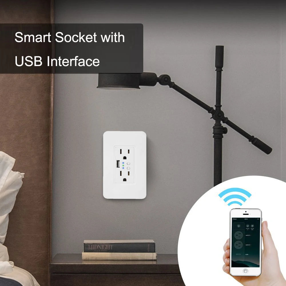 Tuya Smart WiFi Wall Socket Double US Plug Power Outlet with USB Charger Port ON/OFF Remote Control Work with Alexa Google Home Vue Default Title