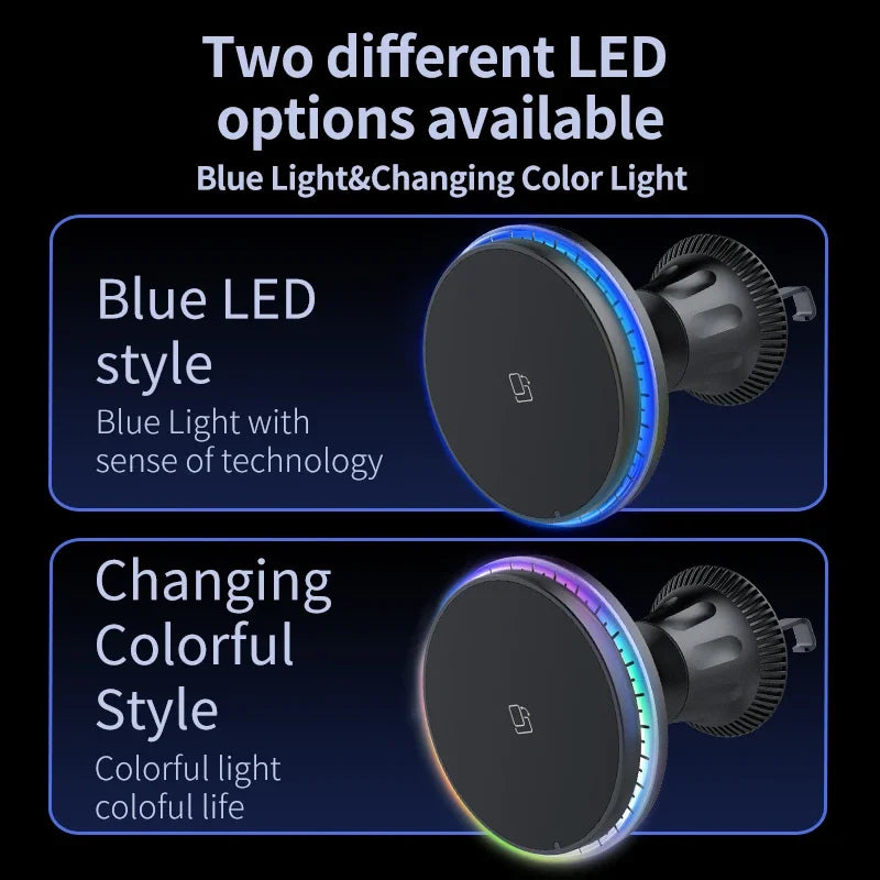RGB Magnetic Car Wireless Charger For iPhone 12 13 14 15 Pro Max Mini Macsafe Car Phone Holder Stand Mount Fast Charging Station Vue
