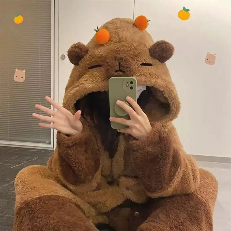 Hot Cute Capybara Winter Pajama Cartoon Animal Soft Plush Jumpsuit For Adults Kawaii Velvet Pajama Night Robe Cosplay Suit Vue