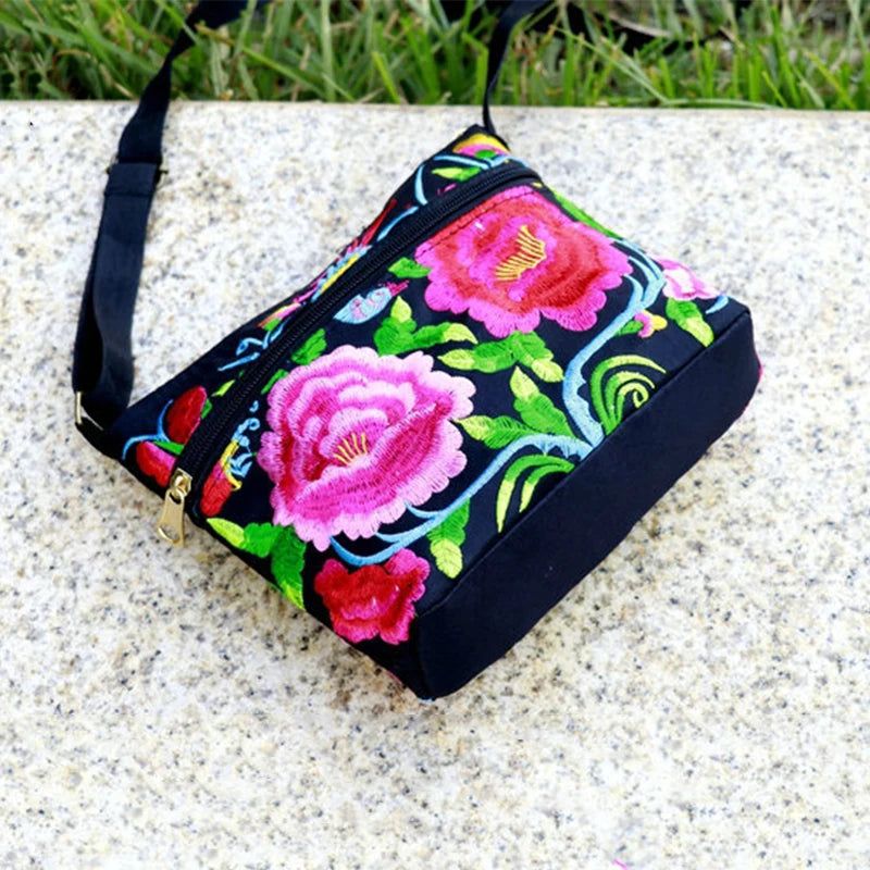 Ethnic Embroidery Bag Three Zipper Women Shoulder Crossbody Small