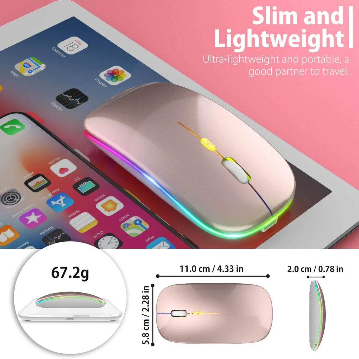 Rechargeable Wireless Mouse Colorful Backlit Mosue Silent Mute Computer Accessories for Home /Office / Games Vue