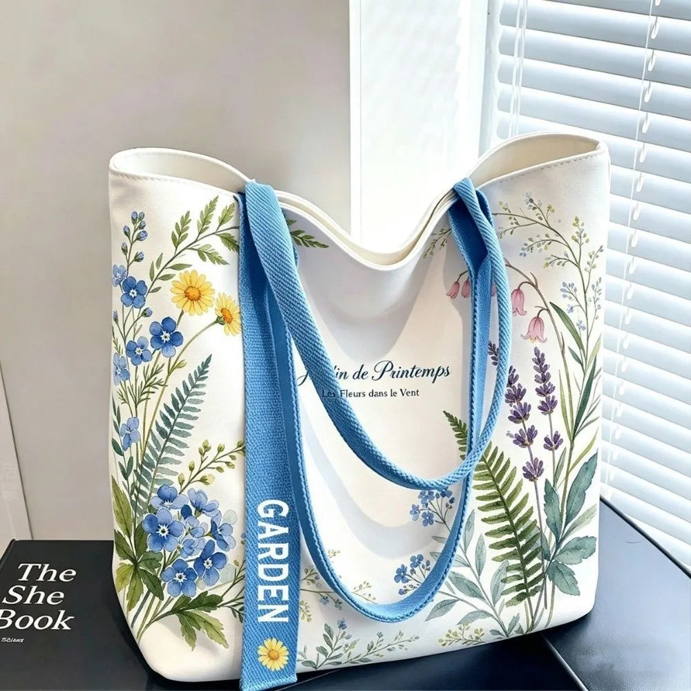 Durable Canvas Tote Bag Open Floral Lemon Print Commute Large