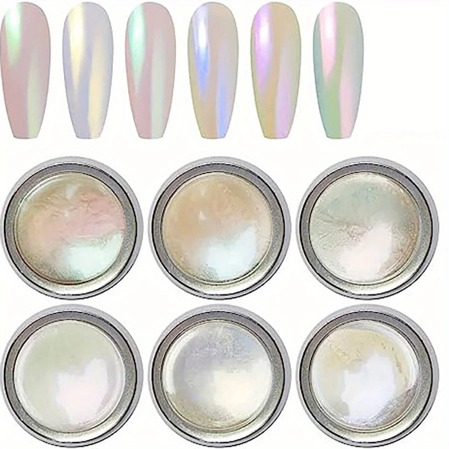 1 Set White Chrome Powder Pearl Chrome Metal Mirror Effect Nail Art Creation Painting DIY 6 Colors Vue