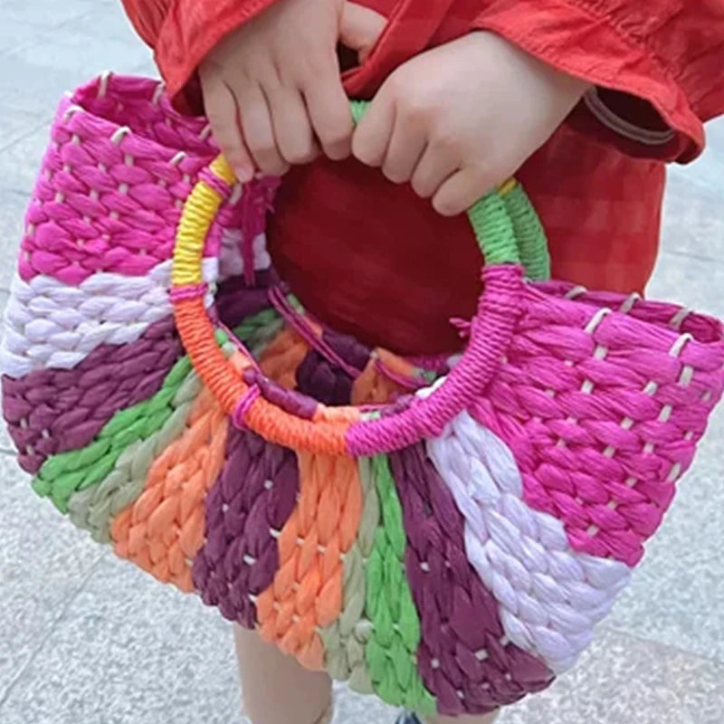 Straw Bag Women Hand-woven Handbags Moon Shape Rattan Tote Big