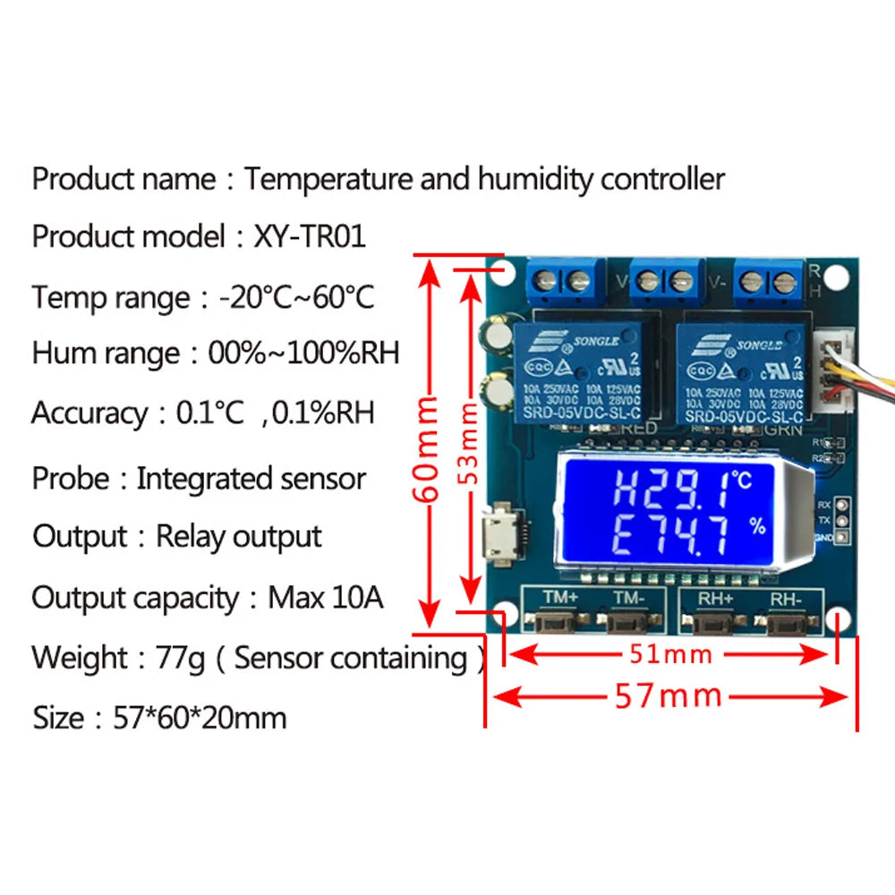 XY-TR01 Humidity Temperature Controller DC 12V 10A Hygrometer Thermomter Thermostat Humidistat Digital LCD Display Relay Module Vue
