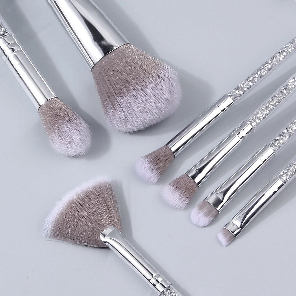 7-pc silver diamond makeup brush set - large powder brush, fan-shaped blush brush, brush for eye smudging, and highlighter brush Vue