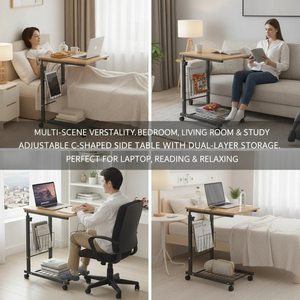 Adjustable C-Shaped Bedside Table with Wheels | 2-Tier Teak Adjustable Side Table Vue