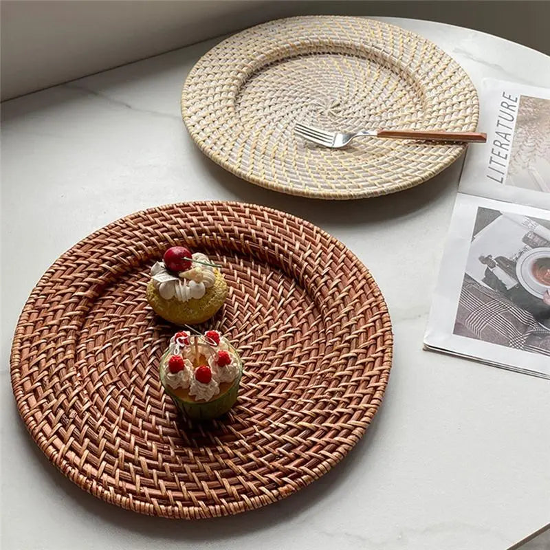 ABKW-Rattan Tray Retro Elegant Fruit Plate Round Dessert Plate Tabletop Decoration Vue