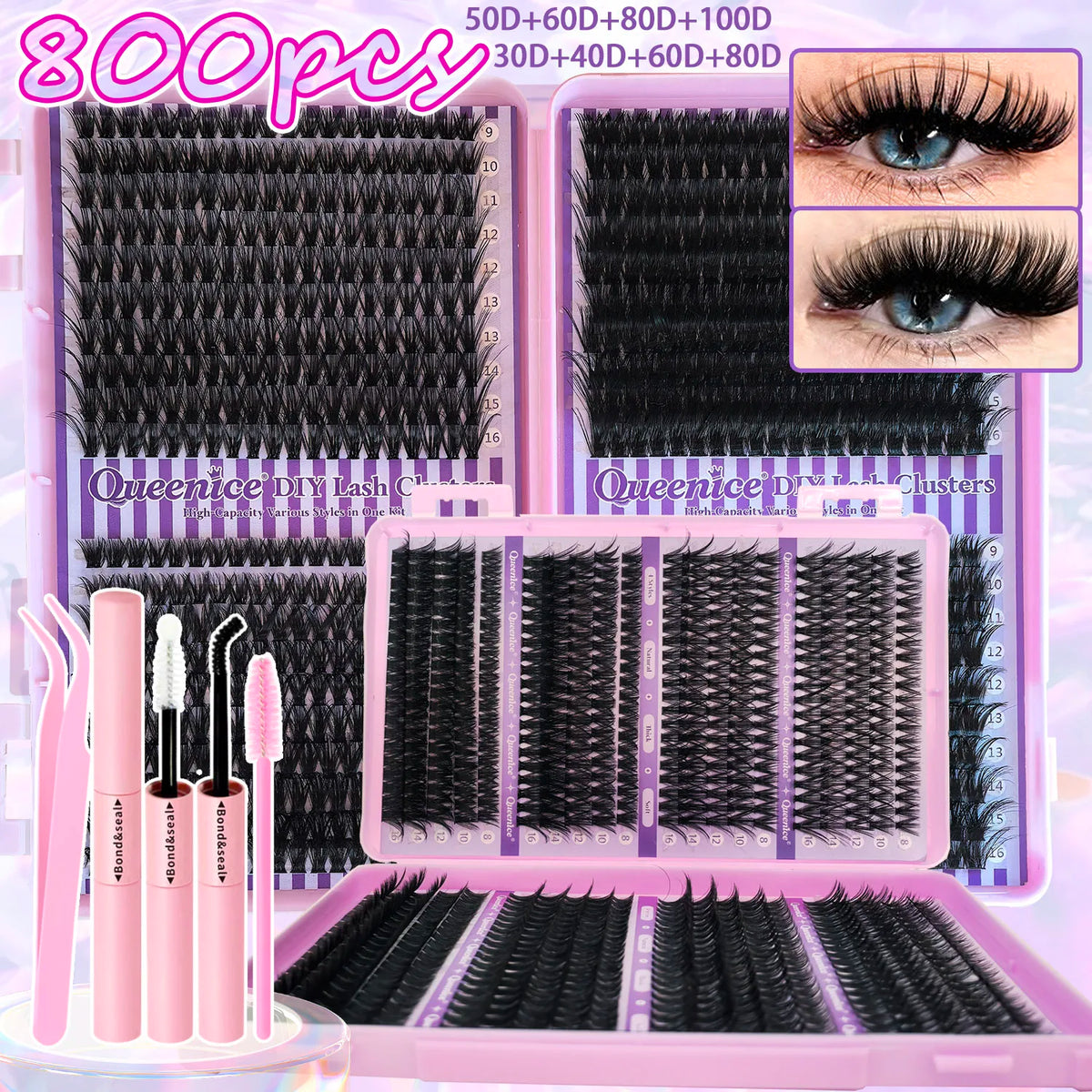 QUEENICE Lashes Cluster DIY Lash Extension Mixed Tray Clusters Eyelashes Fluffy Individual Lashes Cat Eye Lash Extension Vue