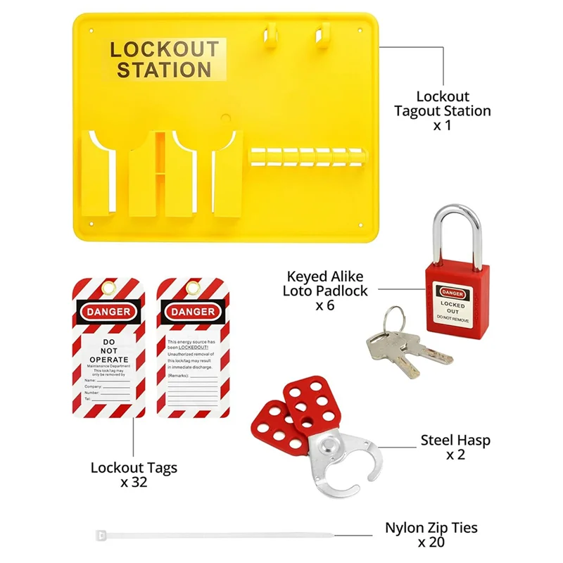Lockout Tagout Station,6 Pcs Safety Padlock, Lockout Station, 2 Pcs Hasp,32 Pcs Tags 20 Pcs Zip Ties,For Electric Powerabkw Vue