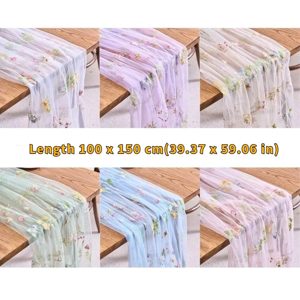 French Vintage Embroidered Floral Table Runner Romantic Semi-Transparent Lace Table Flag Fresh Color Tulle Table Runner Party Vue