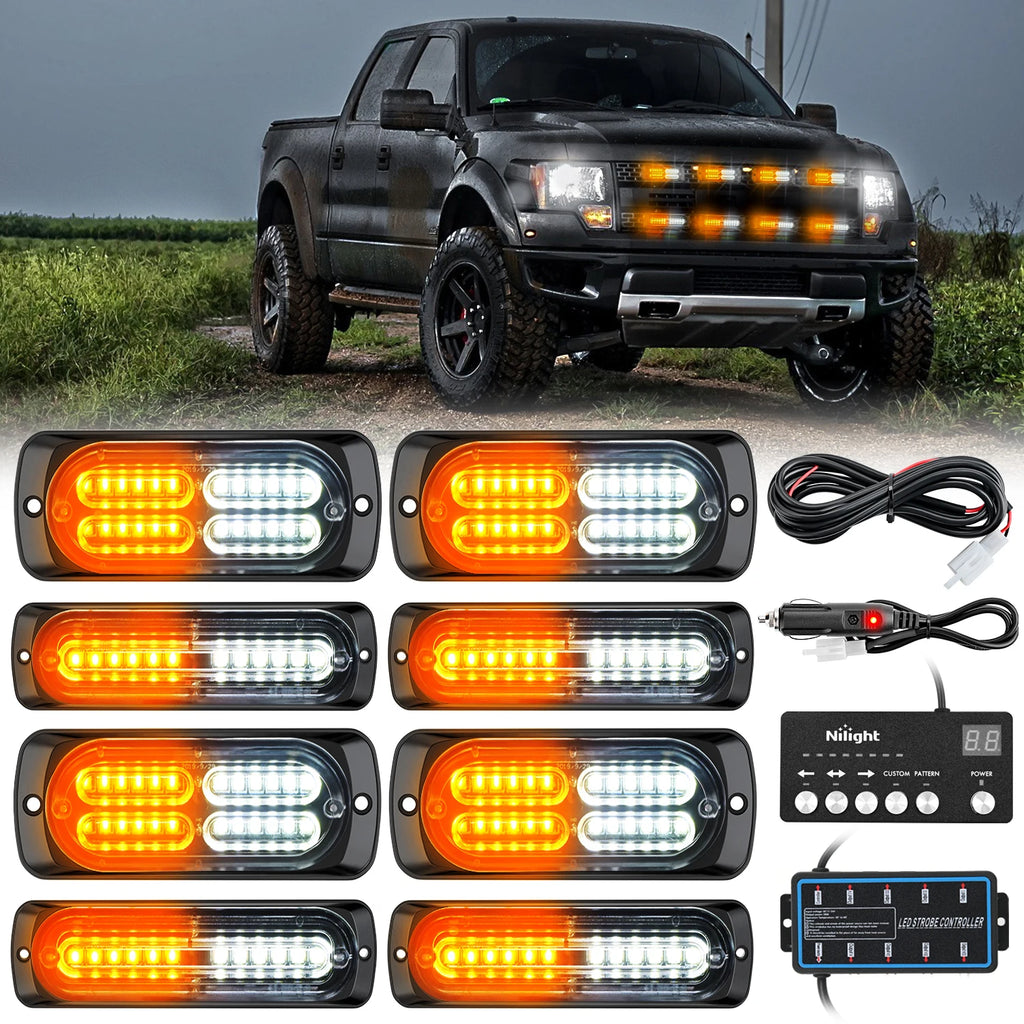 Nilight 8PCS LED Strobe Lights with Controller 12V 24V Sync Feature Amber LED Surface Mount Emergency Hazard Warning for Vehicle Vue United States yellow white