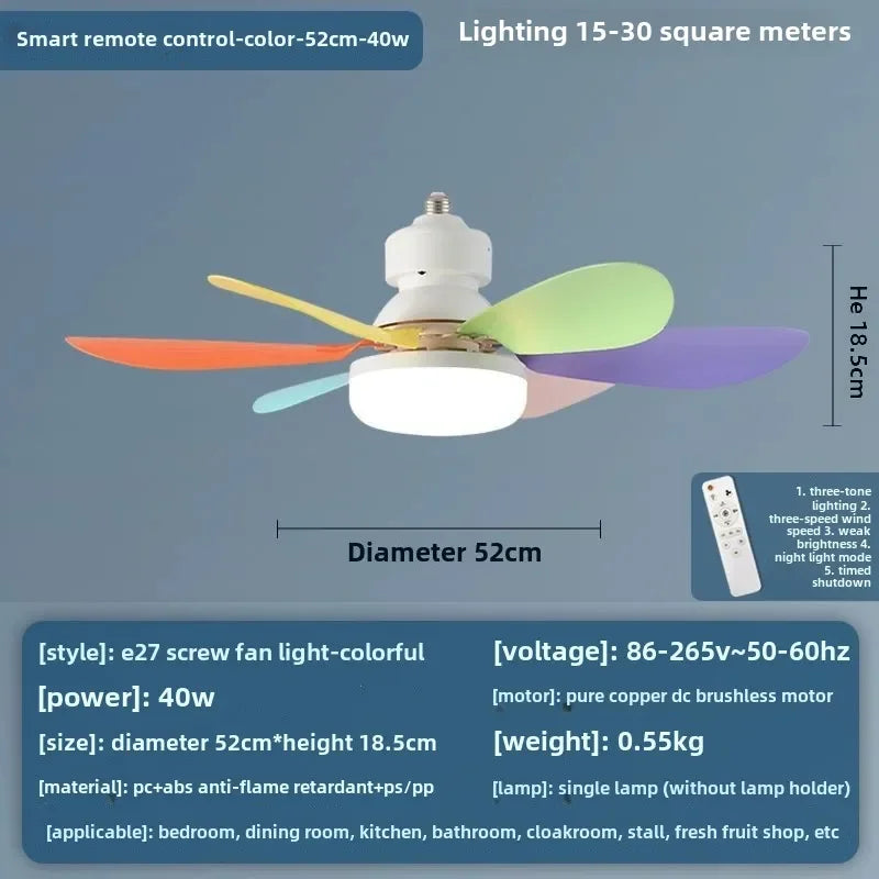 LED 40W Socket Ceiling Fan with Light, 20.5in Screw Ceiling Fans with Lights with Remote, for Bedroom/Garage/Kitchen Vue colorful 85-265V