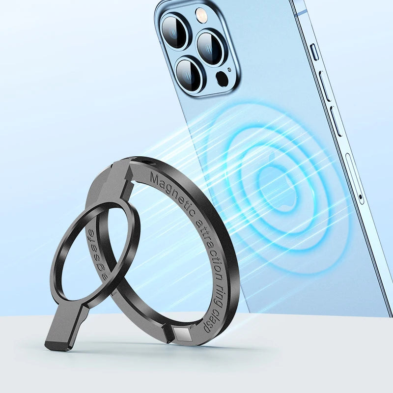 Ultra-thin Cell Phone Ring Holder Magnetic Ring Foldable Kickstand Magnet Grip Desktop Stand for MagSafe IPhone 16 15 14 13 12 Vue B-Black