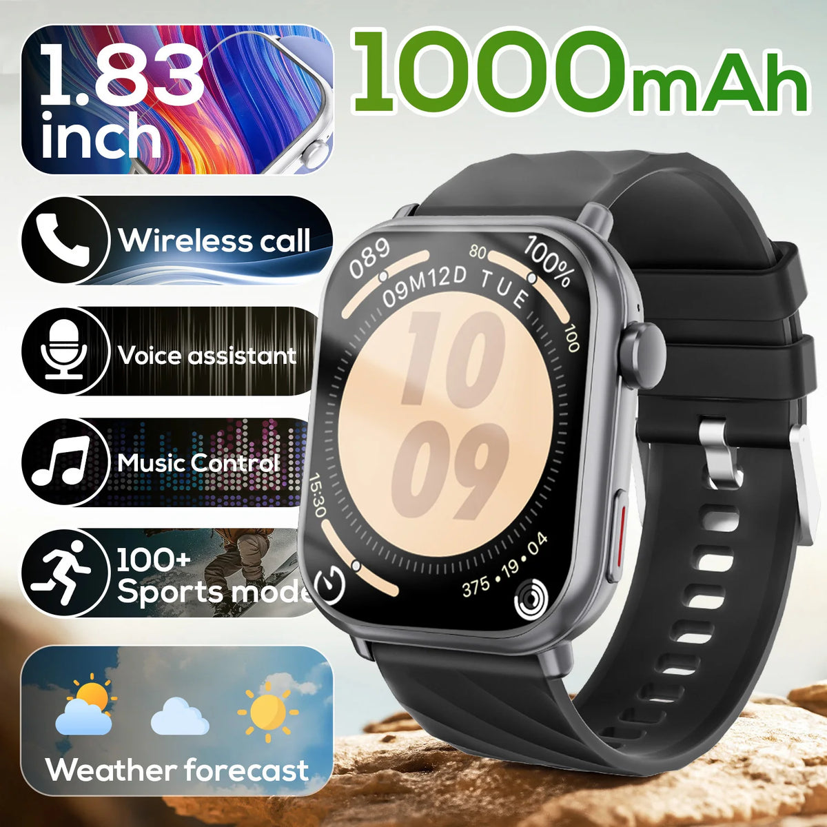 For IOS Watch Ultra 2 SE Men Women Bluetooth Call GPS Sport Waterproof Fitness Tracker 1000mAh HD Display Smartwatch SIRI Gift Vue Silicone Black outdoor sport watch
