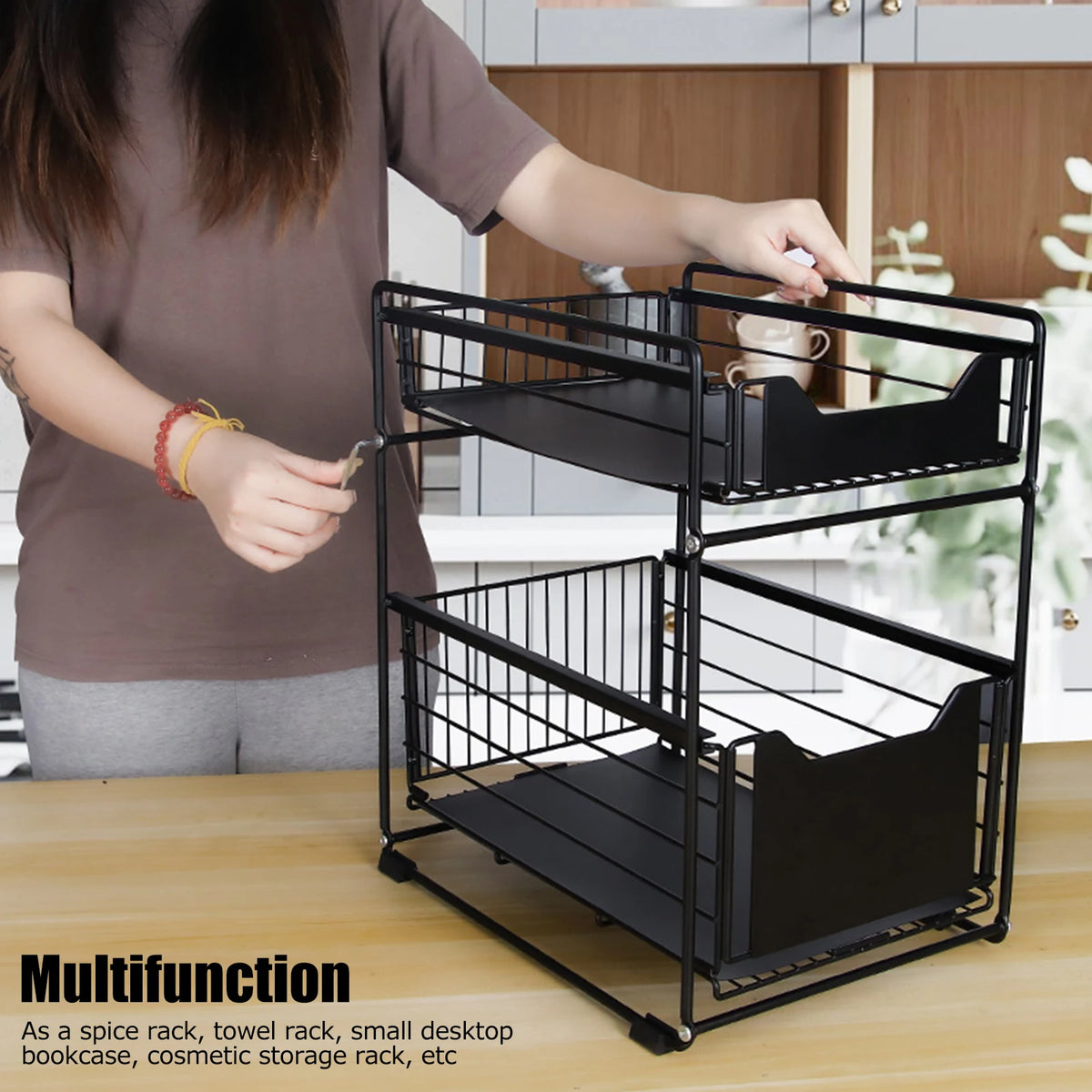2-Layer Household Pull-Out Kitchen Storage Rack Kitchen Cosmetic Organizer Home Supplies Vue