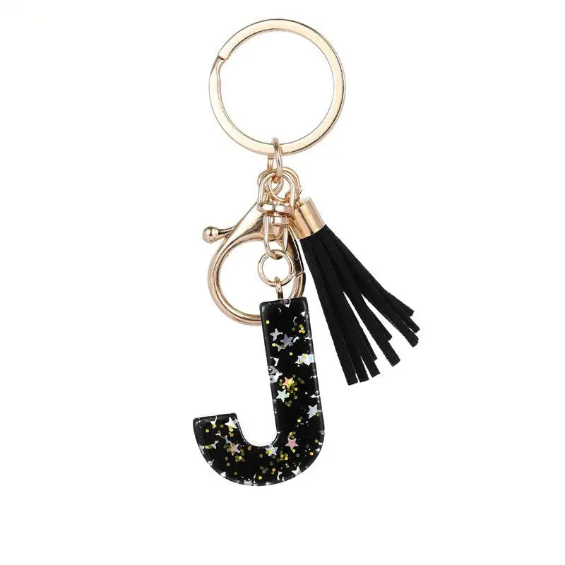 Black Glitter Resin Initial Letter Keychain A–Z Tassel Charm