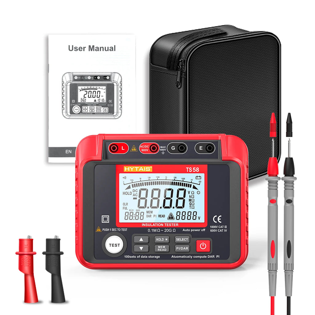 HYTAIS TS58 Digital Megohmmeter Professional Insulation Resistance Tester 1000V 20GΩ AC/DC Voltage Tester Data Storage with Bag Vue Red