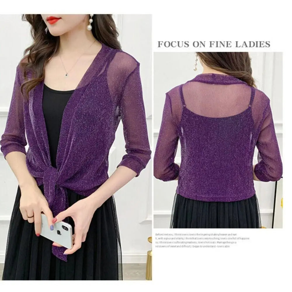 Glitter Tie Up Open Front Shrug Ladies Shawl Cropped Beach Summer Sun