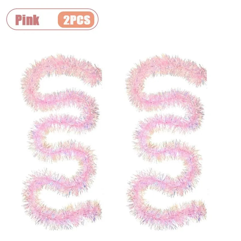 Metallic Tinsel Garland Rainbow Colorful Pink Christmas Garland Shiny Decorative String for Tree Holiday Party Decoration Vue Pink-2PCS