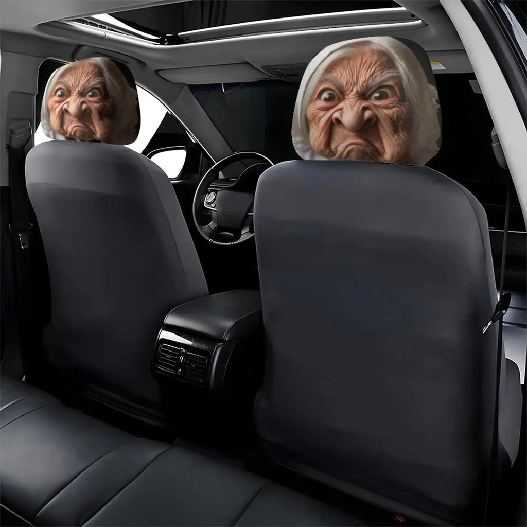 Funny Headrest Covers 2 Pieces Granny Face Print Elastic Universal Fit for Car SUV Sedan Truck Driving Road Trip Daily Commute Vue