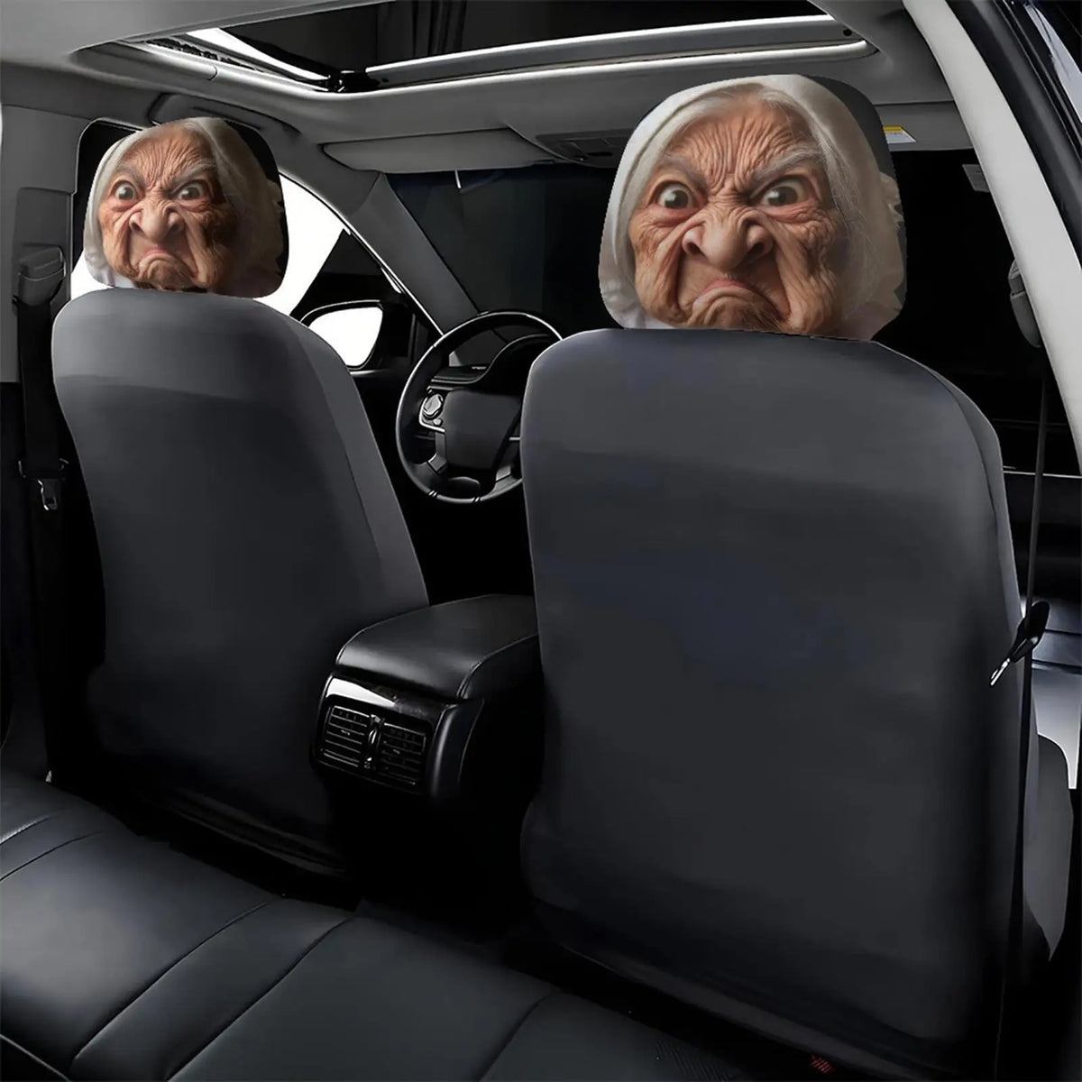 Funny Headrest Covers 2 Pieces Granny Face Print Elastic Universal Fit for Car SUV Sedan Truck Driving Road Trip Daily Commute Vue
