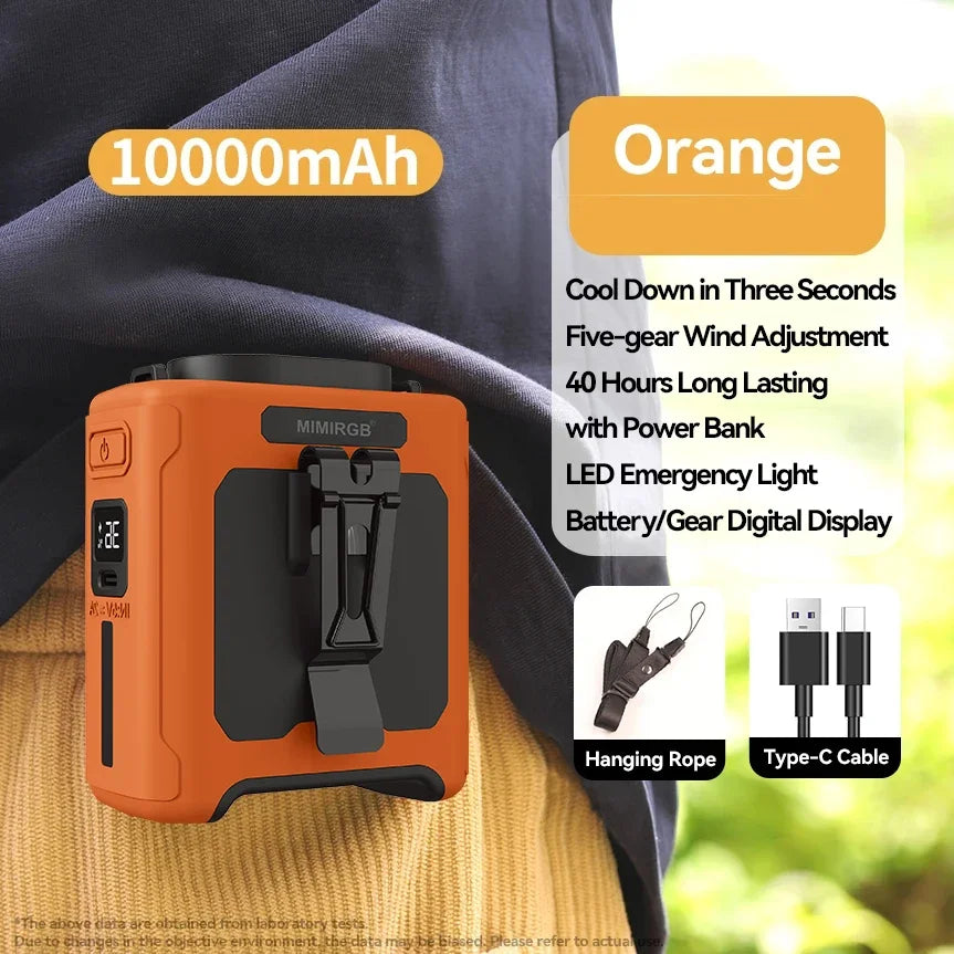 Multi-Functional Portable Waist Hanging Fan 5-Speed Adjustable USB Powered 10000mAh Portable Mobile Power For Outdoor Camping Vue orange