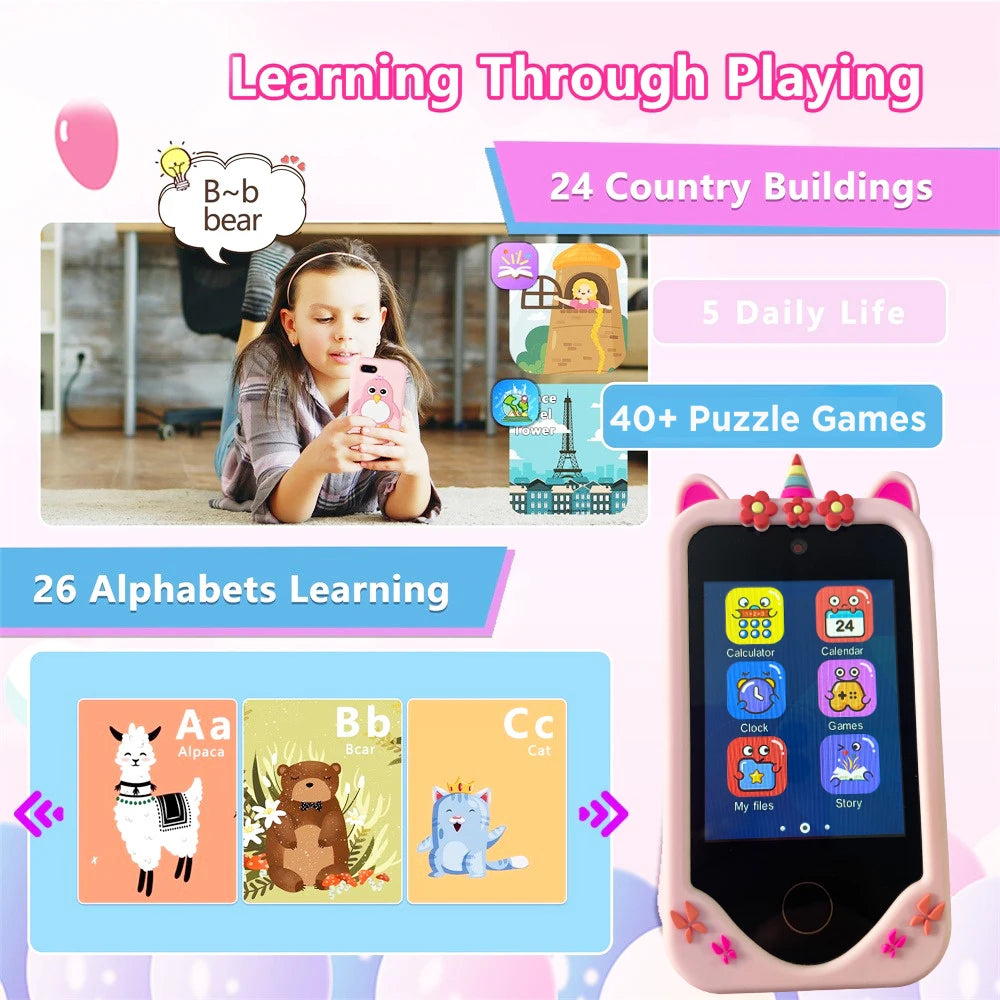 Kids Smart Phone Toy Touch Screen Dual Camera,40+ Educational Games Parental Lock MP3 Music Learning Toys Phone Boys Girls Gifts Vue