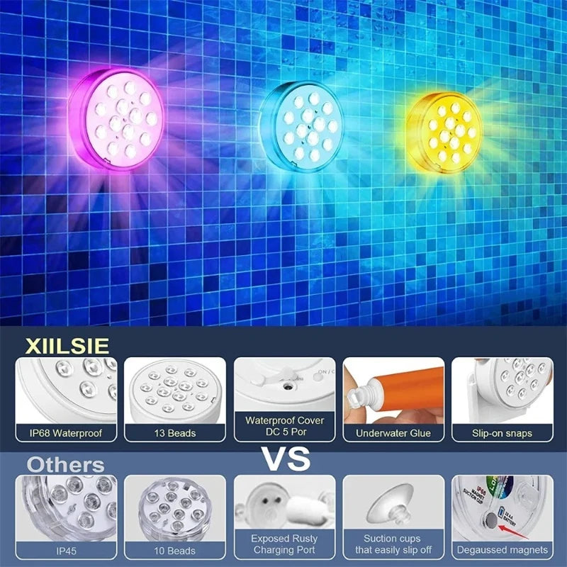 USB Pool Lights Rechargeable Submersible LED Lights with Remote RF IP68 Underwater Waterproof Pond Light for Inground Pool Decor Vue