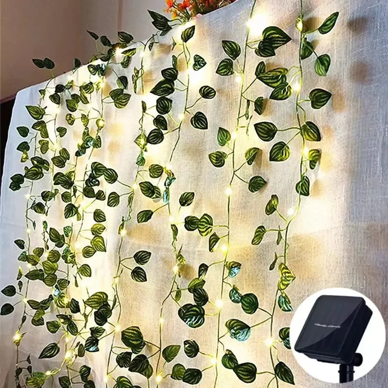 Solar Artificial Leaf Led String Flower Lights Garland Christmas Decoration Outdoor Room Curtain Lamp Wedding Party Garden Decor Vue Watermelon leaf 10m 100leds