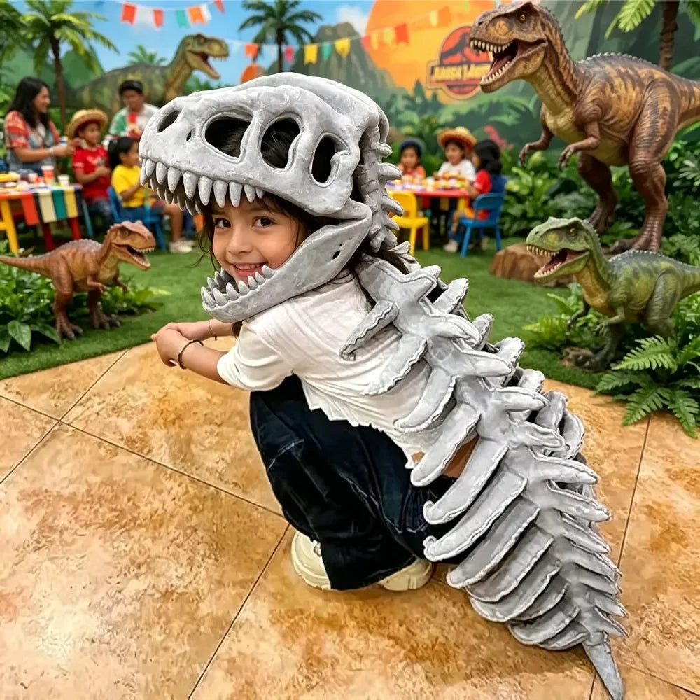 Dino Skeleton Plush Head Mask Cosplay Costume Performance Bone Print Soft Toy for Dress Up Party Role Play Halloween Outfit Vue