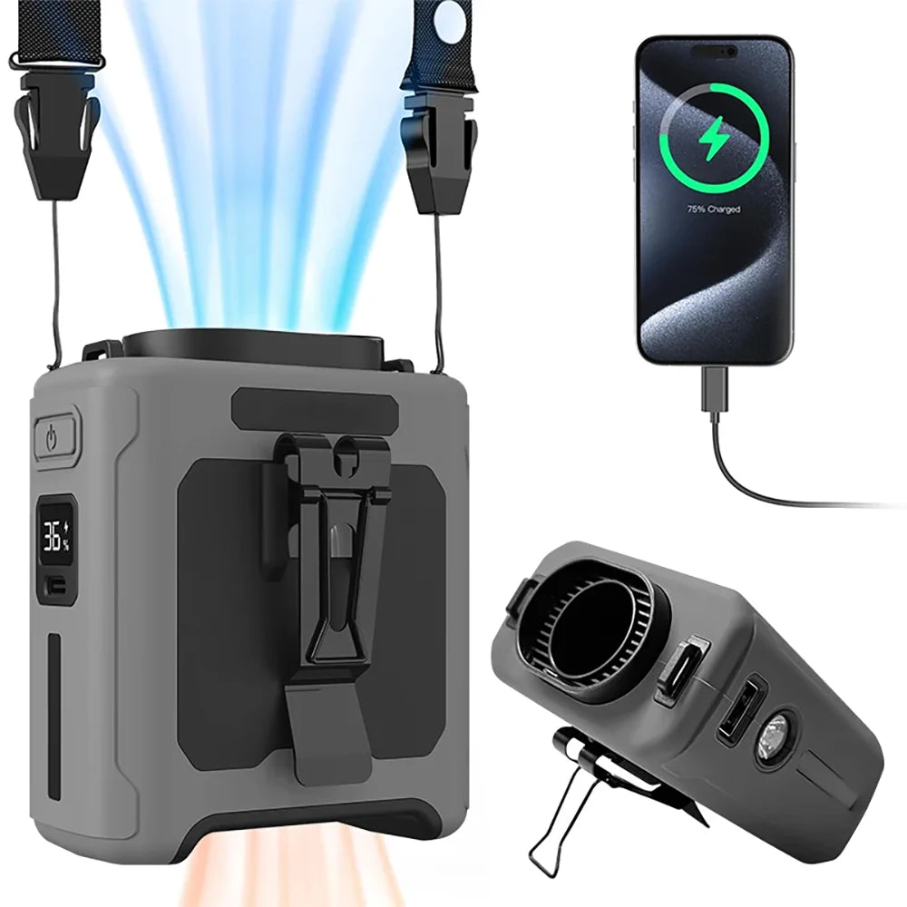 Multi-Functional Portable Waist Hanging Fan 5-Speed Adjustable USB Powered 10000mAh Portable Mobile Power For Outdoor Camping Vue