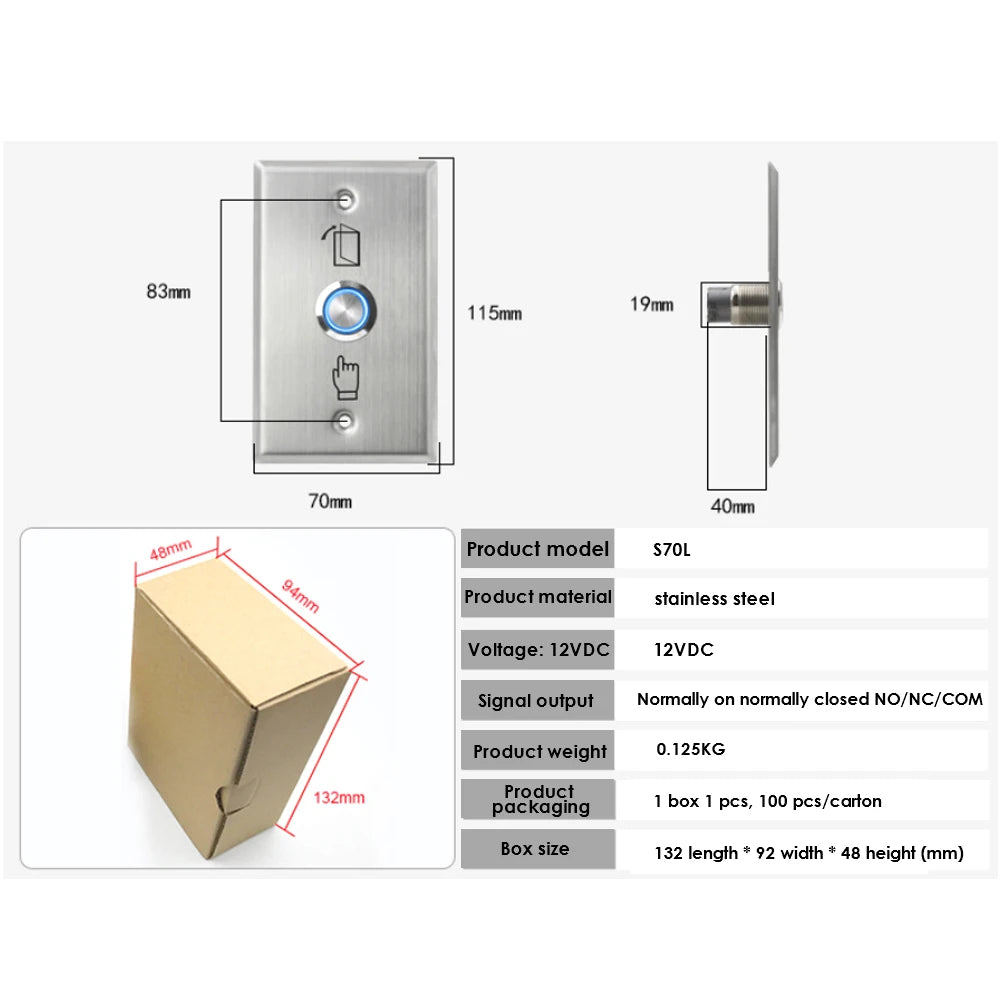 S50L Backlight Stainless Steel Exit Button Push Switch Door Sensor Opener Release for Magnetic Lock Access Control S70L Vue