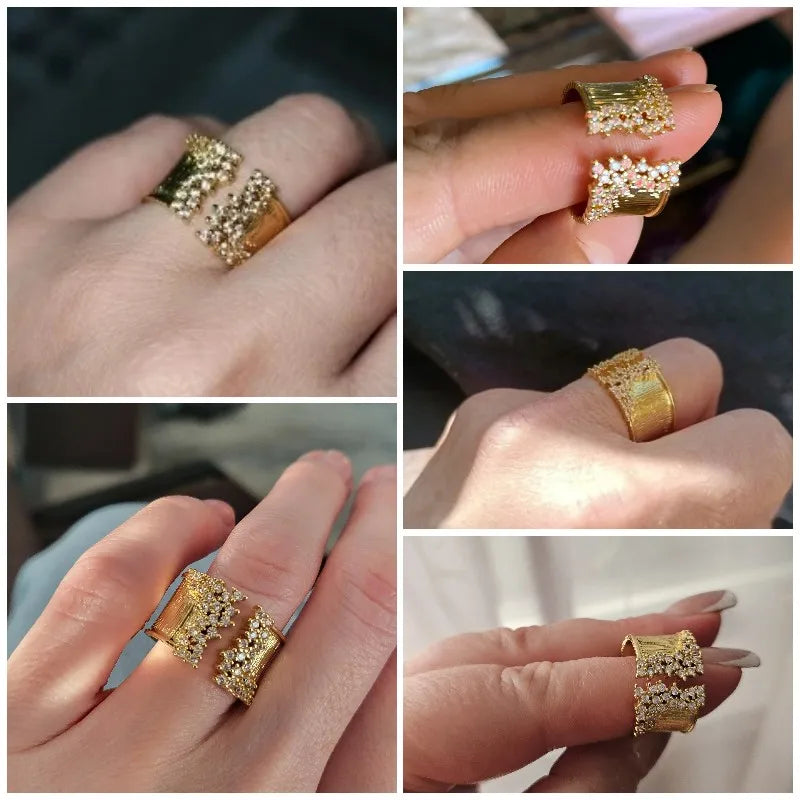 Huitan Women's Wide Gold CZ Stone Ring – Geometric Statement Fashion Statement Ring Vue