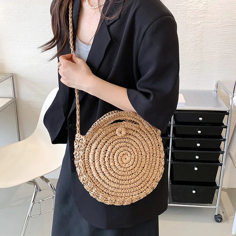 Round Straw Crossbody Bag Handmade Woven Shoulder Women Summer Beach