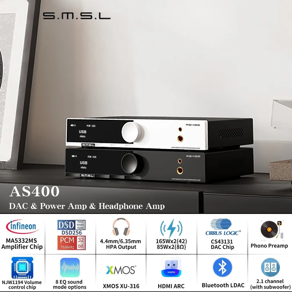 SMSL AS400 Hi-Fi DAC Amplifier | Bluetooth, Phono, MQA Integrated DAC Amplifier Vue