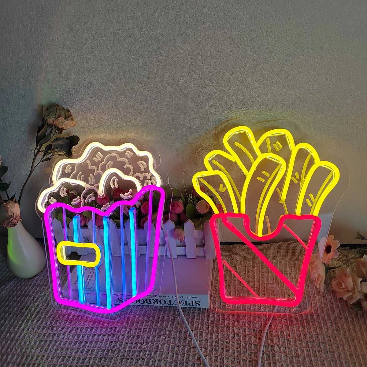 Business Neon Light Led Lights French Fries Popcorn Sign For Restaurant Eating House Decor Wall Neon Sign Fast Food Shop Cinema Vue